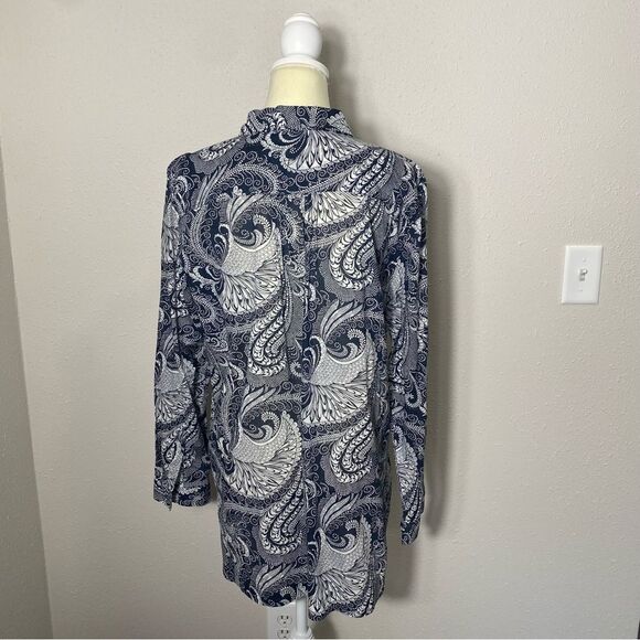 Talbots 100% Cotton Navy Blue Paisley Button Up Tunic Blouse Women's Size XL - Picture 15 of 16